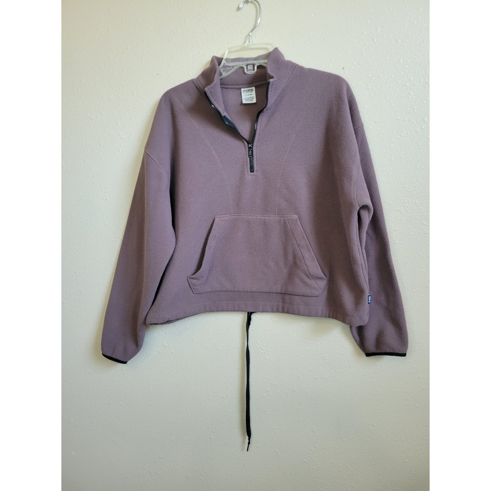 Victoria's Secret Pink Fleece Womens Cropped Pull Over Quarter Zip Sz L Brown